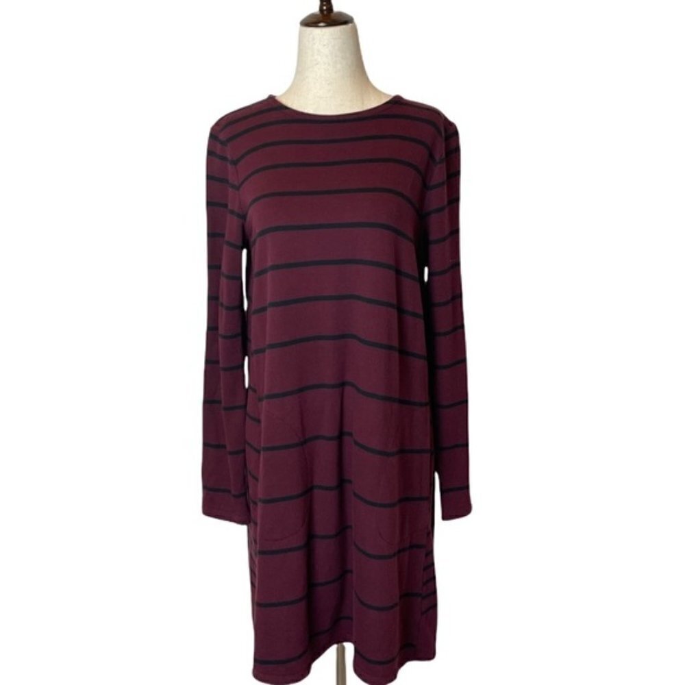 J. Jill Tunic Dress Maroon Black Stripped Long Sleeve Pockets Cotton Tunic Boots